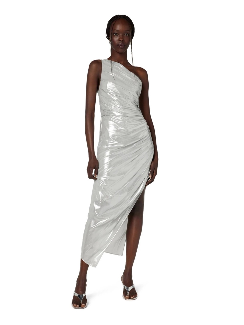 BCBGMAXAZRIA Shimmer Evening Dress in Metallic Silver, Size 4